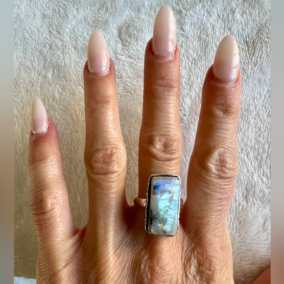 Jewelry - 925 Aura Flash Rainbow Moonstone w/ Black Tourmaline Ring 7.25